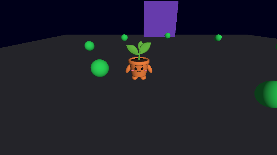 The sprout, a smiling orange plant pot with two leaves, standing among green sphere pickups with a purple door behind it