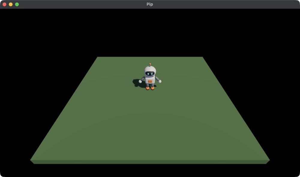 Pip, a small white robot, stands on a green floor, lit by a warm sun from the right, with a soft shadow falling behind it to the left.