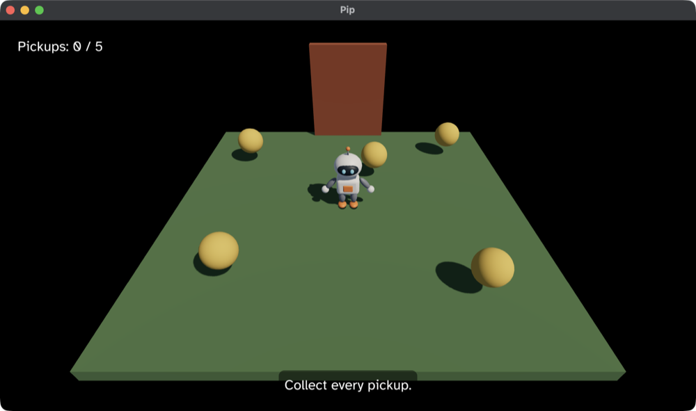 Pip stands on a green floor among five yellow pickups, with a red door behind. A counter reads Pickups: 0 / 5 in the top-left, and a banner at the bottom says Collect every pickup.