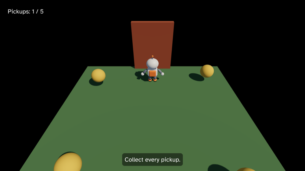 Pip, seen from behind, walks towards a tall red door with one pickup collected. The counter reads Pickups: 1 / 5.
