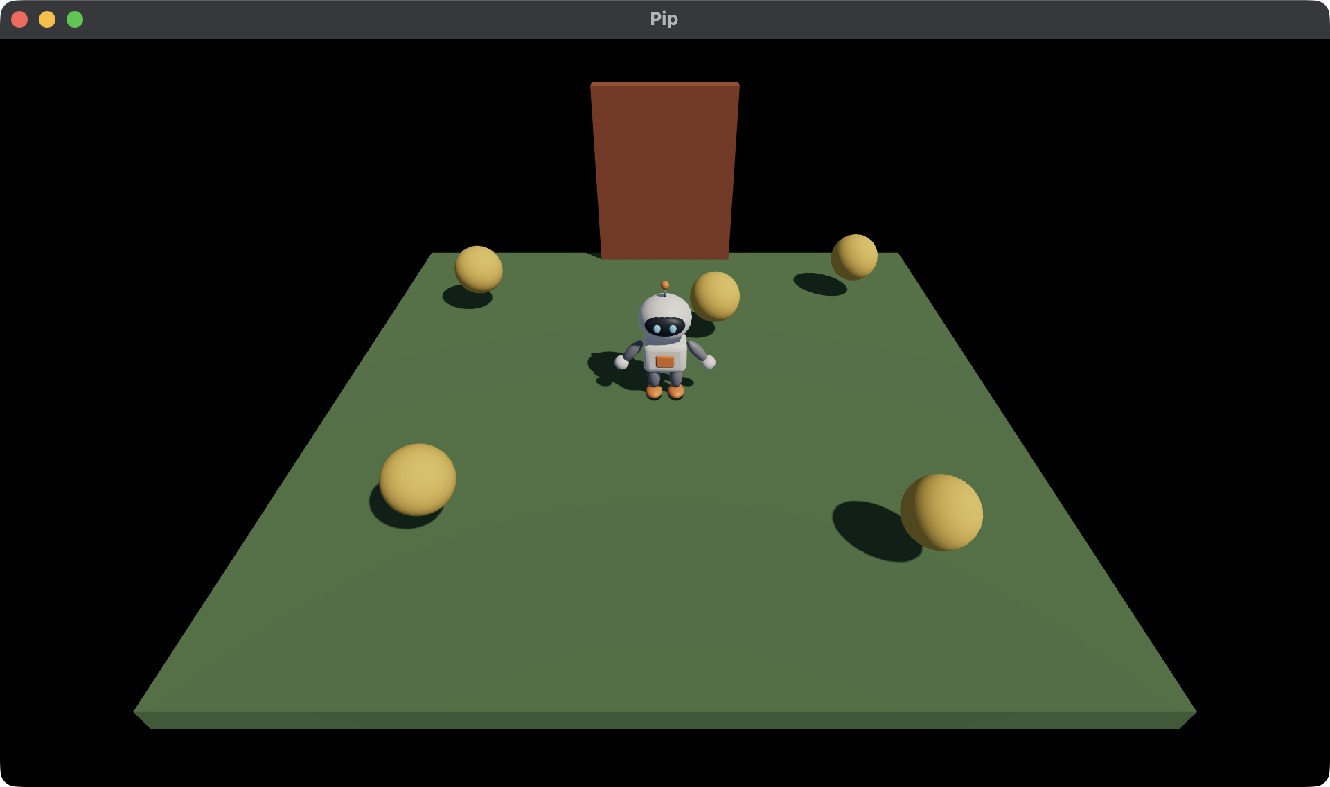 Pip on the ground, with the pickups around it and a red door at the far edge
