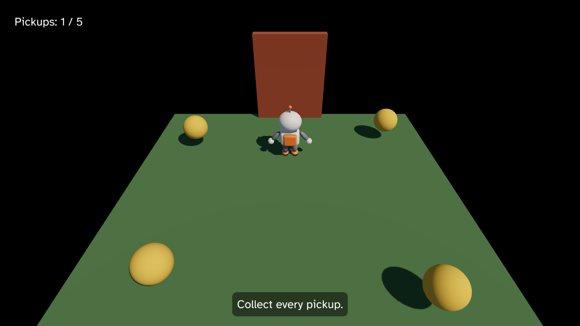 Pip walks toward the door, with “Pickups: 1 / 5” at the top left